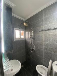 a bathroom with a shower and a toilet and a sink at Résidences Hozy in Abidjan
