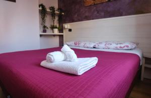 オージオ・ソットにあるMi Casa Affittacamereのピンクのベッドにタオル2枚が備わります。