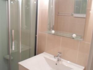 y baño con lavabo, ducha y espejo. en Studio Balaruc-les-Bains, 1 pièce, 4 personnes - FR-1-503-61, en Balaruc-les-Bains