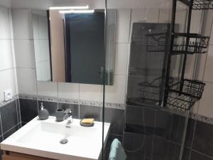 a bathroom with a sink and a shower with a mirror at Appartement T2 et terrasse 30m2 in Collioure