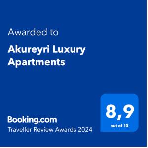 Un certificat, premiu, logo sau alt document afișat la Akureyri Luxury Apartments