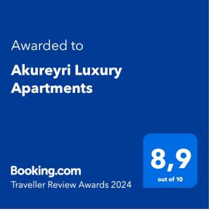 Certifikát, hodnocení, plakát nebo jiný dokument vystavený v ubytování Akureyri Lux Apartments with hot tub access