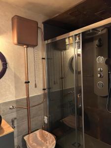 y baño con ducha y puerta de cristal. en Appartamento 50 mt dal mare en Lido di Ostia