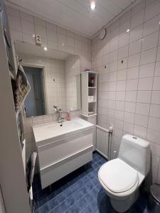 a bathroom with a white toilet and a sink at Sikvägen Apartments in Mariehamn