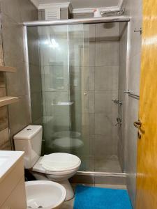 a bathroom with a shower with a toilet and a sink at Chill Home IV in Posadas +4 photos