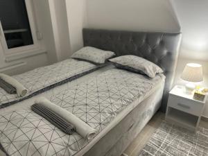 APARTMAN DBR -Dobrinja Sarajevo-FREE GARAGE في سراييفو: غرفة نوم مع سريرين مع اللوح الأمامي رمادي