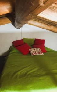 a bed with green sheets and red pillows at Campo Verde III in Concordia