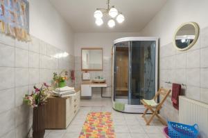 a bathroom with a shower and a chair and a sink at Vila Ida in Zagreb