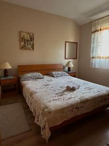 1 dormitorio con 1 cama grande, 2 mesitas de noche y lámparas en Modern and homely family house., en Cetinje
