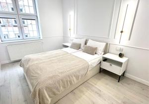 グダニスクにあるGdansk Apartmentsの白いベッドルーム(ベッド1台、窓2つ付)