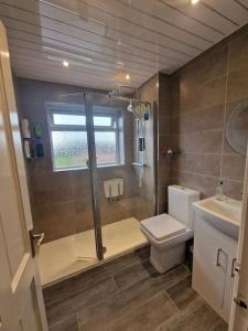 a bathroom with a shower and a toilet and a sink at Spacious 3bed semi/Gamesroom/Drive/10mins to City in Wrexham