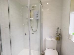 a white bathroom with a shower and a toilet at Corner Cottage in Troutbeck +14 photos
