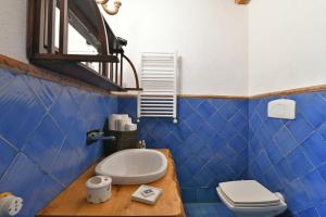 a blue tiled bathroom with a toilet and a sink at Terre Di Himera in Buonfornello