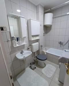 a white bathroom with a toilet and a sink at Stan na dan Drinska noć -Zvornik in Zvornik