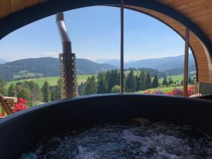 a hot tub with a view of the mountains at Regensburgerhof in Castello Tesino