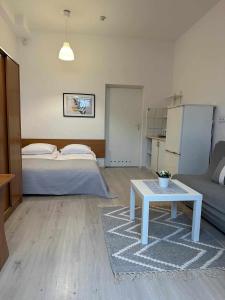1 dormitorio con 1 cama y 1 mesa en una habitación en Pensjonat Melodia, en Pobierowo