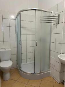a shower in a bathroom with a toilet and a sink at Pensjonat Melodia in Pobierowo