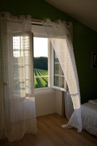 Schlafzimmer mit einem Fenster mit Blick auf einen Weinberg in der Unterkunft Domaine chez Maurice in Bécheresse