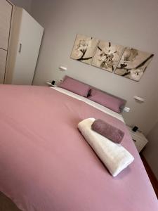 een slaapkamer met een roze bed met een handdoek erop bij Il campanile in Scafati
