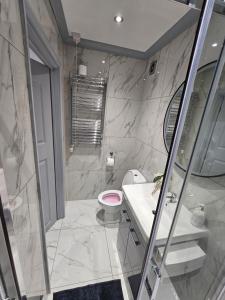a bathroom with a toilet and a sink and a shower at Hot tub hideaway in Manchester