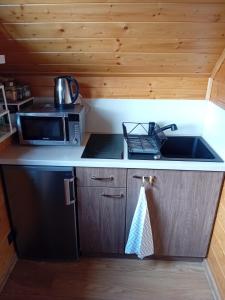 una pequeña cocina con fregadero y microondas en Beskidzki Domek, en Kurów