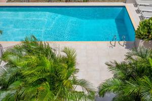una piscina con palmeras frente a ella en JT Curacao Apartments, en Jan Thiel