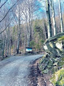 a road with a sign in the middle of a forest at Chatka pod Lysou in Ostravice