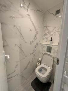 a bathroom with a white toilet and marble walls at Apartment Juan Les Pins in the heart of town with its merchants in Juan-les-Pins