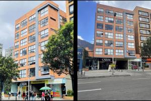 two pictures of a building on a city street at APTOPOR606 - Encantador apartamento tipo loft - Chapinero - Wifi - TV in Bogotá