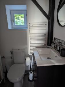 ein Bad mit einem WC, einem Waschbecken und einem Fenster in der Unterkunft charmante maison Normande in Livarot