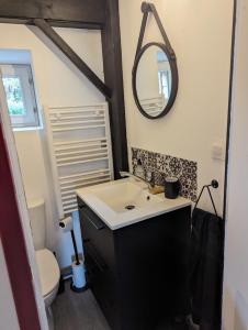 ein Badezimmer mit einem Waschbecken, einem WC und einem Spiegel in der Unterkunft charmante maison Normande in Livarot
