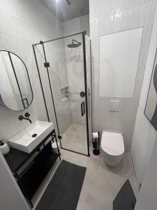 a bathroom with a shower and a toilet and a sink at Lakeside Apartment in Olsztyn