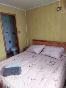 a bedroom with a large bed with pink sheets at Hostal Prat 2 in Valdivia