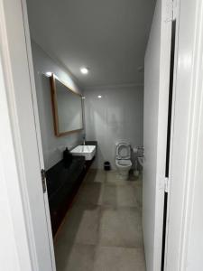 La salle de bains est pourvue de toilettes, d'un lavabo et d'un miroir. dans l'établissement Sweet catedral II, à San Carlos de Bariloche