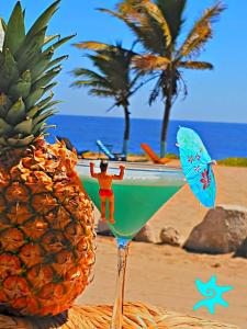 a pineapple on the beach with a man in a drink at Villa Star of the Sea in Barra de Navidad