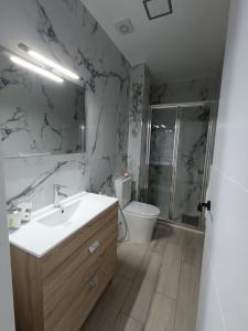 a bathroom with a sink and a shower and a toilet at Buenavista5 in Las Palmas de Gran Canaria
