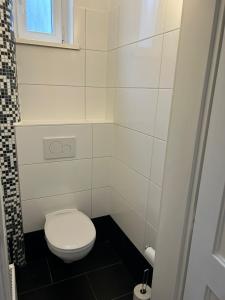 biała łazienka z toaletą i oknem w obiekcie Paky Appartements 00406 w Wiedniu