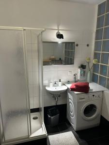 a bathroom with a washing machine and a sink at Paky Appartements 00406 in Vienna