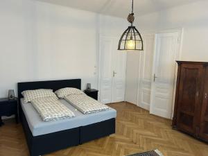 a bedroom with a bed and a pendant light at Paky Appartements 00406 in Vienna