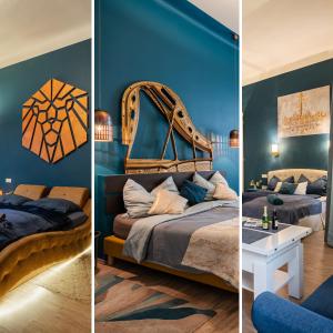 3 vistas diferentes a un dormitorio con paredes azules en Park&Art Boutique Suites en Budapest