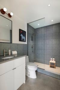 a bathroom with a white toilet and a mirror at Ski Hill Cabins and Saunas in Lutsen +56 photos