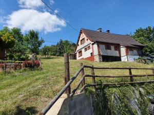 ein Haus auf einem Hügel mit einem Holzzaun in der Unterkunft Roubenka Mia Jizerské hory in Tanvald