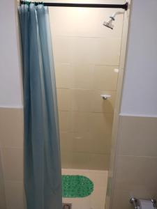 a shower with a blue shower curtain and a green rug at Edificio Santa Catalina in San Andrés