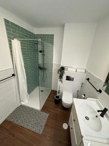 a bathroom with a shower and a toilet and a sink at Casa Pedro - Vallehermoso Centro Casco Antiguo in Vallehermoso +26 photos