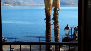un balcón con vistas al océano y 2 palmeras en IseoLakeRental - Borgo Lago, en Riva di Solto