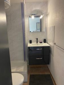 ル・バルカレスにあるAppartement en bord d'étangの洗面台、トイレ、鏡のあるバスルーム