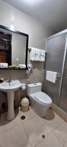 a bathroom with a toilet and a sink and a shower at ANDINO HOTEL MACHUPICCHu in Machu Picchu