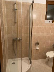 y baño con ducha y puerta de cristal. en Къща за гости В 12 и 5 en Dolna Banya