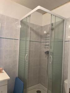 a shower with a glass door in a bathroom at Joli Appartement centre Nevers in Nevers
