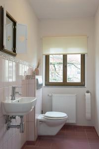 a bathroom with a toilet and a sink and a window at Avancers - homelike living in Cottbus